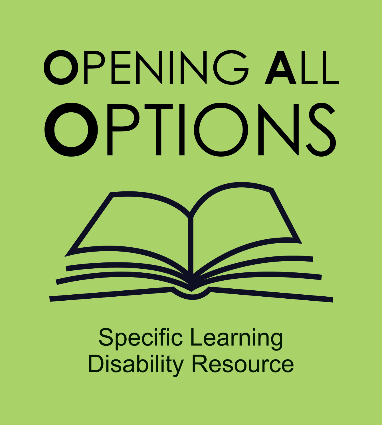 Text. Opening All Options. Specific Learning Disability Resource.  With line drawing of an open book.