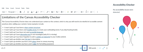 Screenshot of the Canvas Rich Content Editor, highlighting the person icon at the bottom next to the word count and Accessibility checker results showing no issues were detected. 