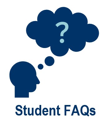 Picture of a person with a thought bubble with a question mark inside and the words 'Student FAQs' underneath