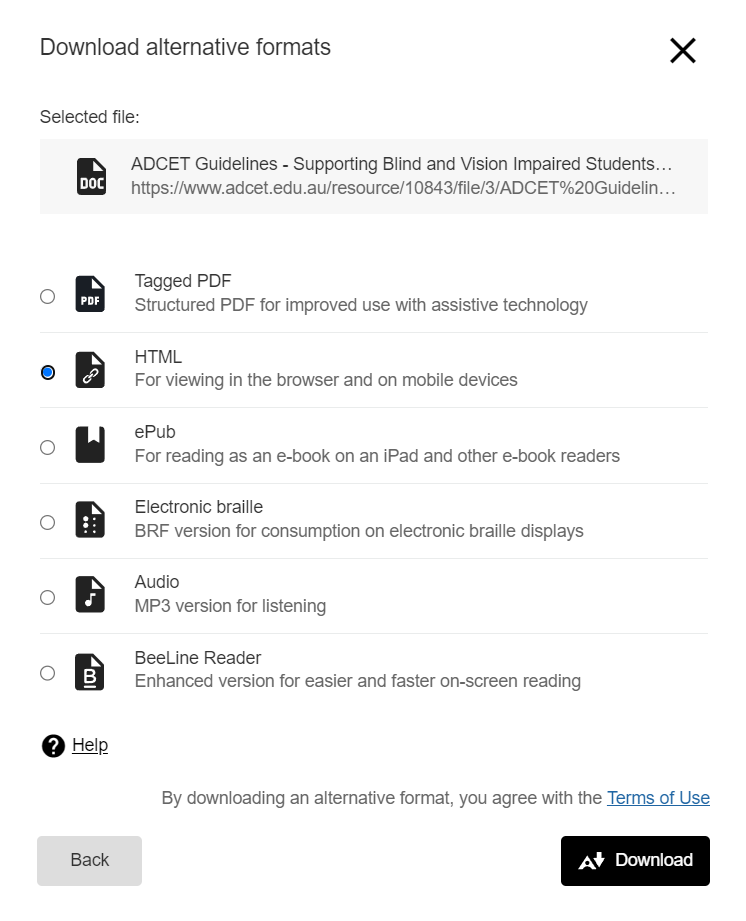 Screenshot of a dialog box showing options for a selected file and the various download options such as ePub, Electronic braille, Audio MP3 or Beeline reader