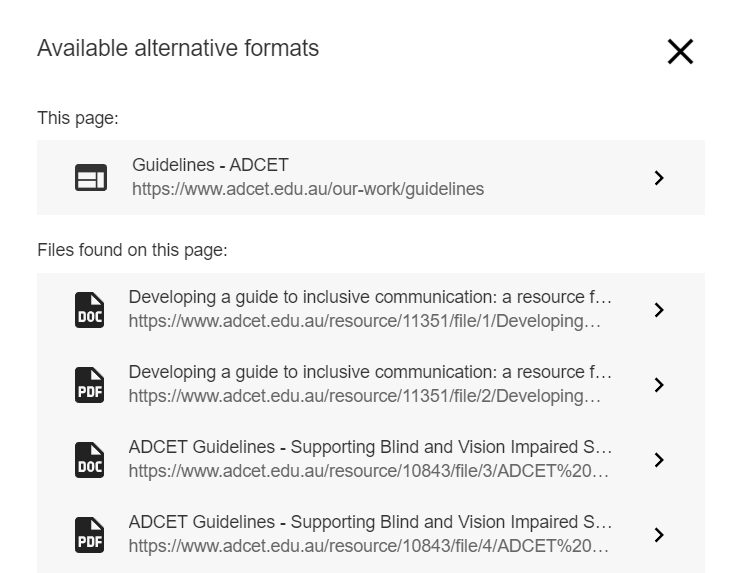 Screenshot of a dialog box showing the selected webpage and a list of downloadable files found on the page such as Word documents and PDFs.