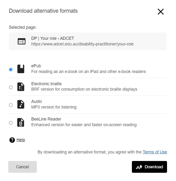 Screenshot of a dialog box showing the selected webpage and options for downloading an ePub, Electronic braille, Audio MP3 or Beeline reader version