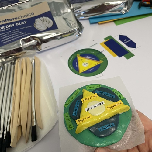 A clay model of the CMOP-E (Canadian Model of Occupational Performance and Engagement) framework with modelling tools, paintbrushes, air dry clay and a paper version of the CMOP-E model in the background. 