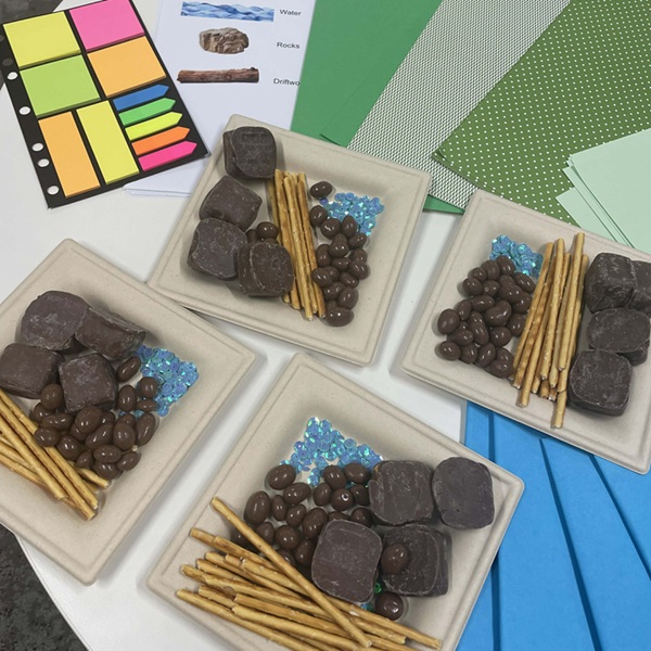This image features class preparation materials laid out on a white desk: coloured Post-it notes, green paper card, coloured pens, a Kawa Model reference card, blue tissue paper and several square paper plates holding chocolates, pretzel sticks and blue sequin sparkles. 