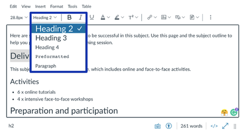 A screenshot of the Canvas Rich Content Editor showing options for heading styles.
