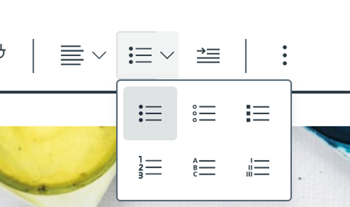 Bulleted, numbered and alphabetical list options in the Canvas Rich Content Editor. 