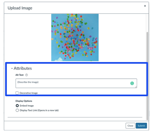 A screenshot of the Upload Image box in Canvas showing where you can add alt text.