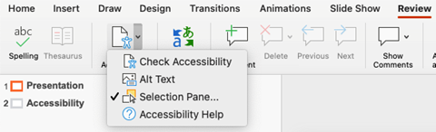 Screenshot of the dropdown menu showing the Check accessibility option