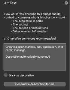 Screenshot of the alt text pane describing how to add alt text, the input field and the mark as decorative box.