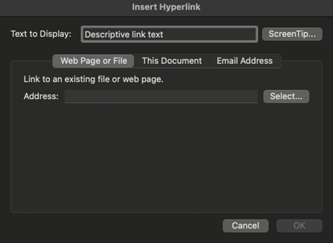 The Insert Hyperlink pane in PowerPoint indicating that the Text to Display option is where to place the descriptive link text