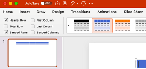 Screenshot of table design tab showing options for different styles.