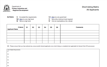 Example of a form used to rank candidates for a job.  Details the name of the company, ratings, applicant name, criteria, comments and a number of rows to complete details.