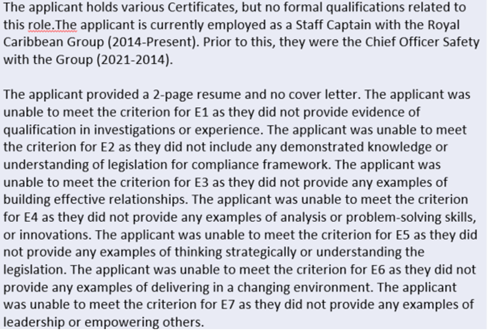 Example of a panel's written details on an applicant. It details things such as qualifications, current employment, previous employment, did the applicant provide a cover letter, number of pages for resume, proof of qualifications. Did the applicant meet all the criteria requested, did they have examples for the criteria.