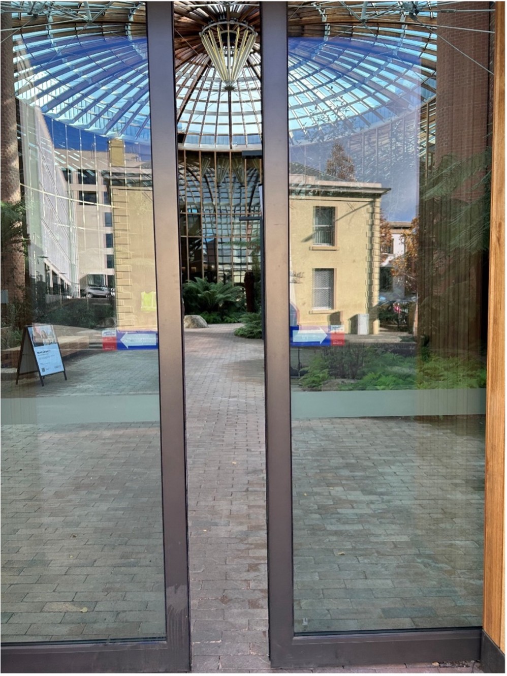 A set of glass doors opening into a paved area underneath a glass domed roof. Foliage is visible inside, including a tree fern in the distance. 