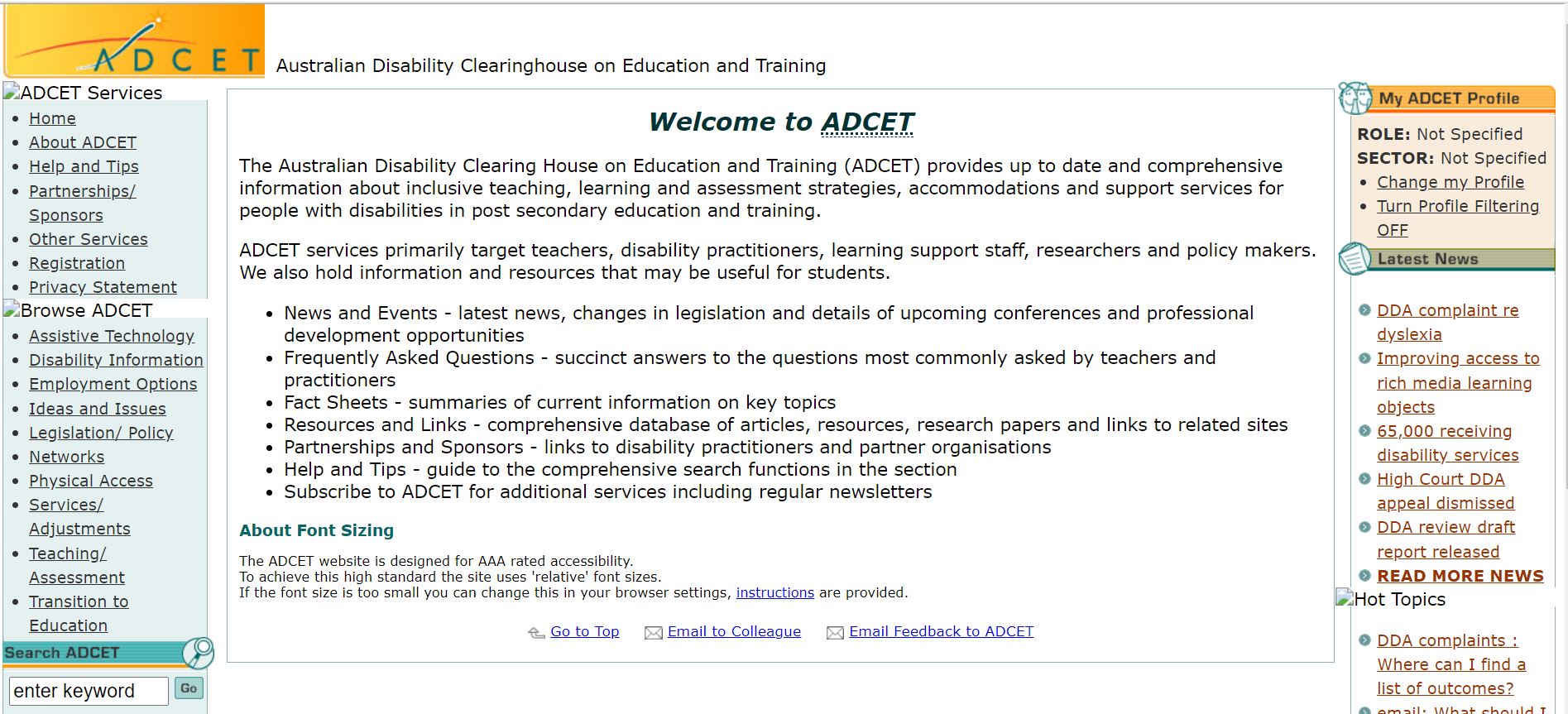 - Screen shot of webpage from 2003 showing simple multicolumn text and links. No images are displayed