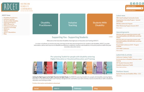 Screen shot of ADCET webpage from 2014 showing a clear organisation of information into 3 main areas, Disability Practitioners, Inclusive Teaching and Students with disability. New tiles, images and colours have been adopted along with a new logo.
