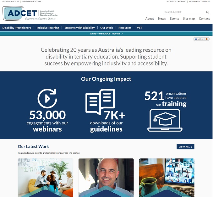 Screen shot of ADCET webpage from 2022 showing a rebranded website with a distinct colour palette in-line with the ADCET logo colours, a main menu navigation bar and a graphically tiled display of the latest information.