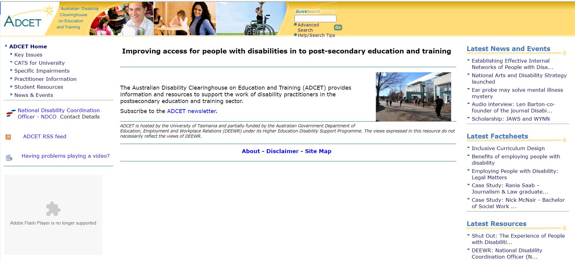 Screen shot of an ADCET webpage from 2008 showing a refreshed look to the website with distinct areas, images and a banner at the top of the page.